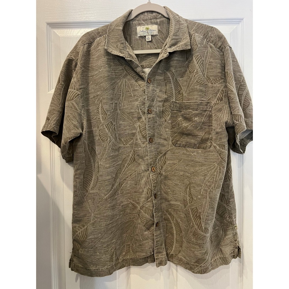 Island Shores Button Down 100% Silk Jacquard Tropical Leaf Taupe XL Dadcore